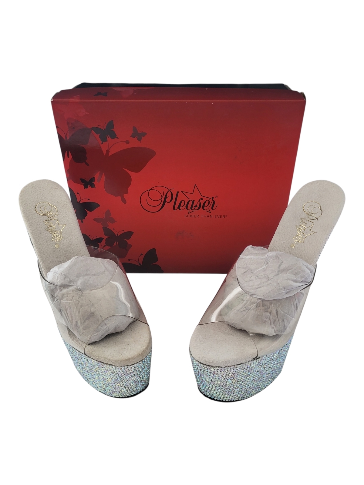 Pleaser Clear Strap Platform Sandals In Iridescent Silver